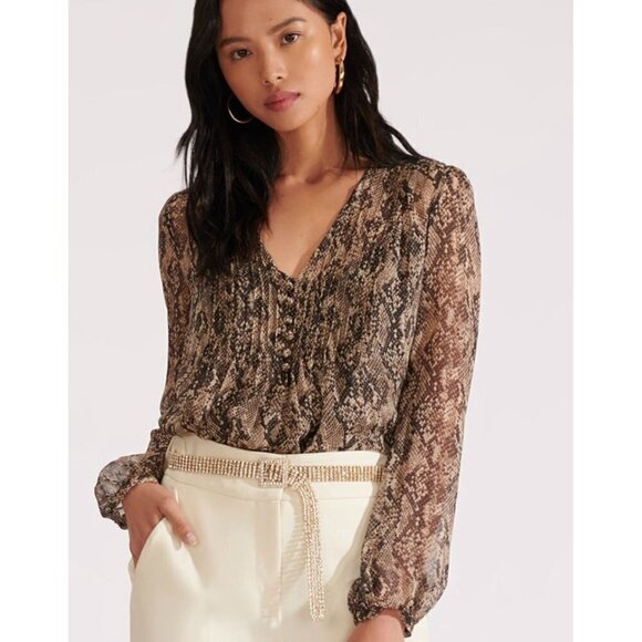 Veronica Beard Lowell Silk Snake Priht Pintuck Blouse Nude Womens Size 4 - Picture 1 of 12